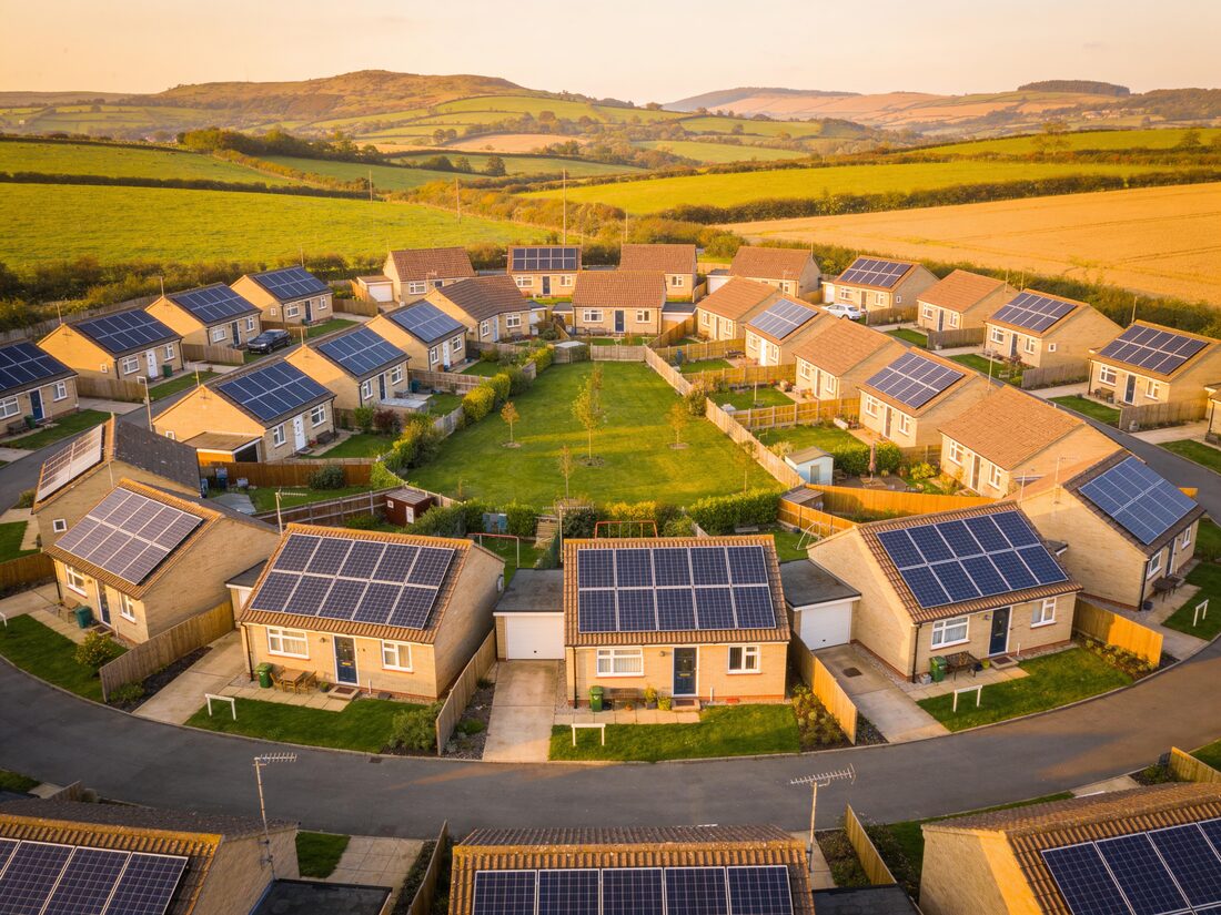 Aerial render of a solar-powered veteran development